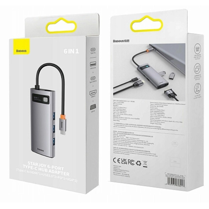 USB концентратор Baseus Multi-functional HUB Metal Gleam Series 6-in-1 (WKWG030013
) Grey
