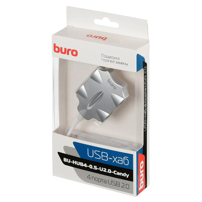 USB концентратор Buro, 4 порта, silver (BU-HUB4-0.5-U2.0-Candy)