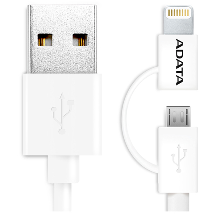 Кабель A-Data MFI 1м (Белый) 2-in-1: Lightning, microUSB 2.0  2.4A в оплетке AMFI2IN1-100CM-CWH