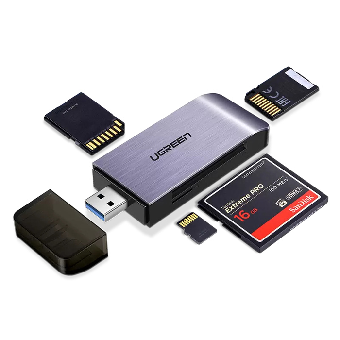 UGREEN картридер CM180-50541, TF/SD/CF/MS, серый