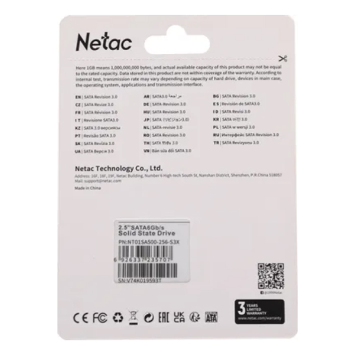 Накопитель SSD 2.5" 256Gb Netac SA500 NT01SA500-256-S3X (520/450MBs, 1 500 000 ч) TLC 3D NAND