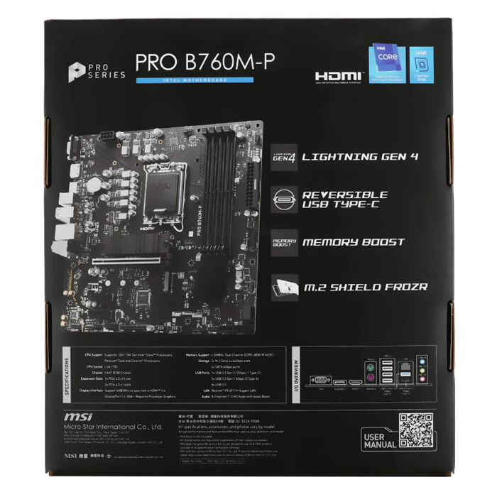 Материнская плата MSI PRO B760M-P  Intel 1700 (mATX) DDR5 x4/ SATA x4/M.2x2/ PCI-E*16 x1,PCI-E